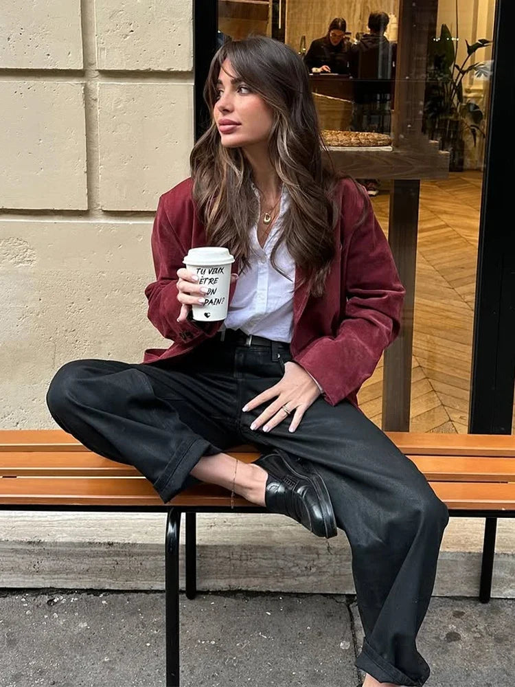 Wine Red Lapel Blazer Women Single Breasted Patchwork Long Sleeve Jackets New Elegant Chic Street Casual Commute Jacket 2025