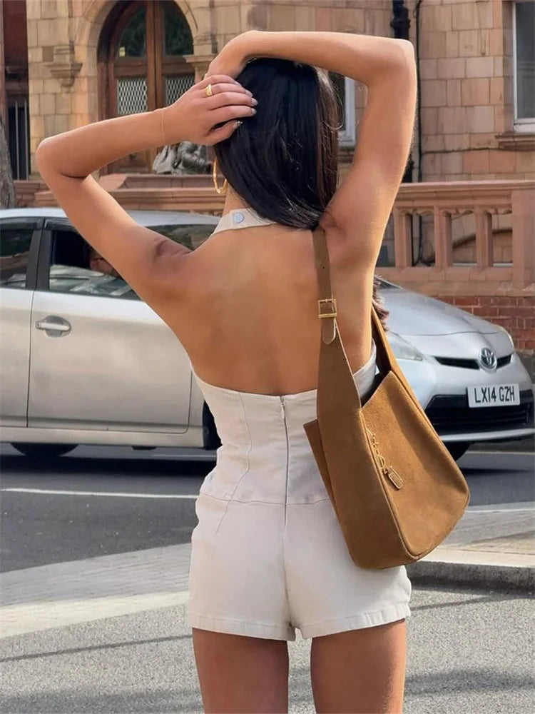 Casual Sexy Classic Fake Denim Women Playsuits Simple Halter U-neck Single Breasted Backless Halter Daily Street Romper