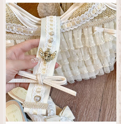 Elegant Lady Japanese Original Lolita Lace Ribbon Bow Handbag Vacation Style Sweet Cute Doll Daily Commuter Versatile Tote Bag