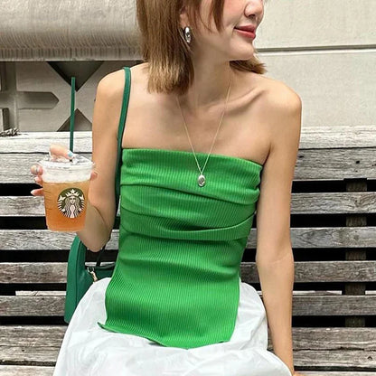 Knitted Strapless Long Split Top For Women Solid Color Sleeveless Backless Club Party Top Y2K Slim Fit Splice Crop Top