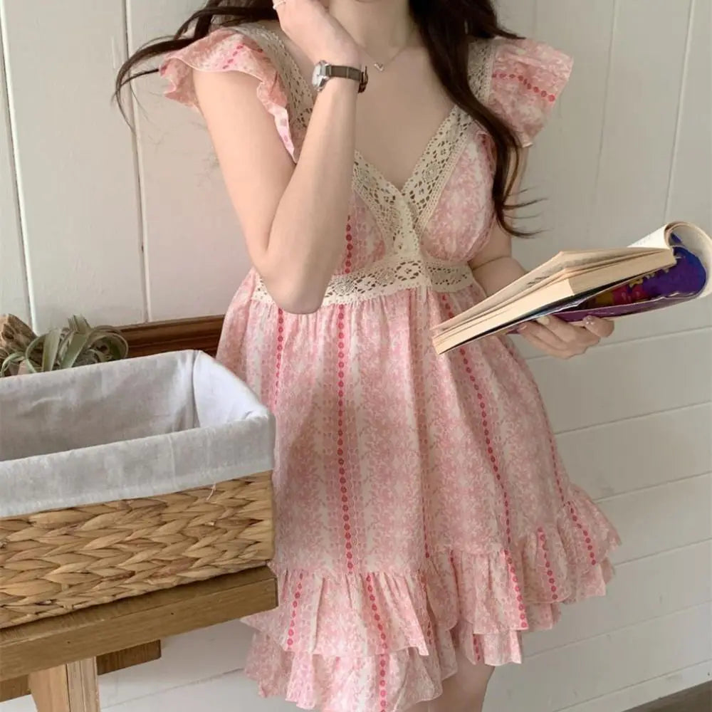 Striped Suspender Shorts Pajamas Ruffle Sleeveless Floral Pajamas Suit Loose with Chest Pad Women's Sleepwear Sets Sleeping