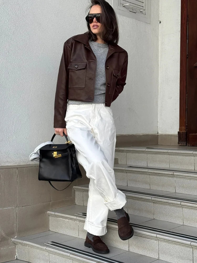 Elegant Brown Leather Cropped Jacket Women Fashion Laple Single Breasted Long Sleeves Coats Autumn Lady High Street Outwears