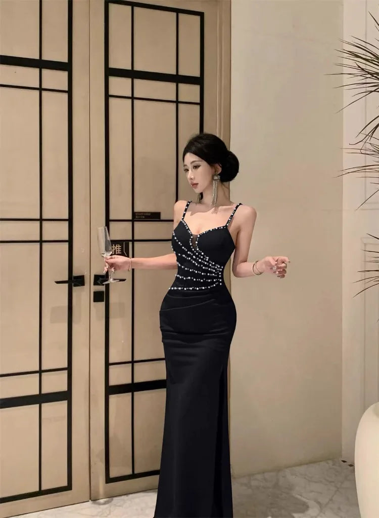 Dresses Women Sleeveless Sexy Split Slim Slash Neck Backless Rhinestone Elegant Temperament Party Dress Female Fashion