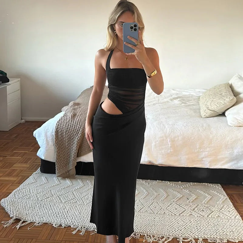Halter Mesh Ruched Midriff Wrap Panel Bodycon Maxi Gown