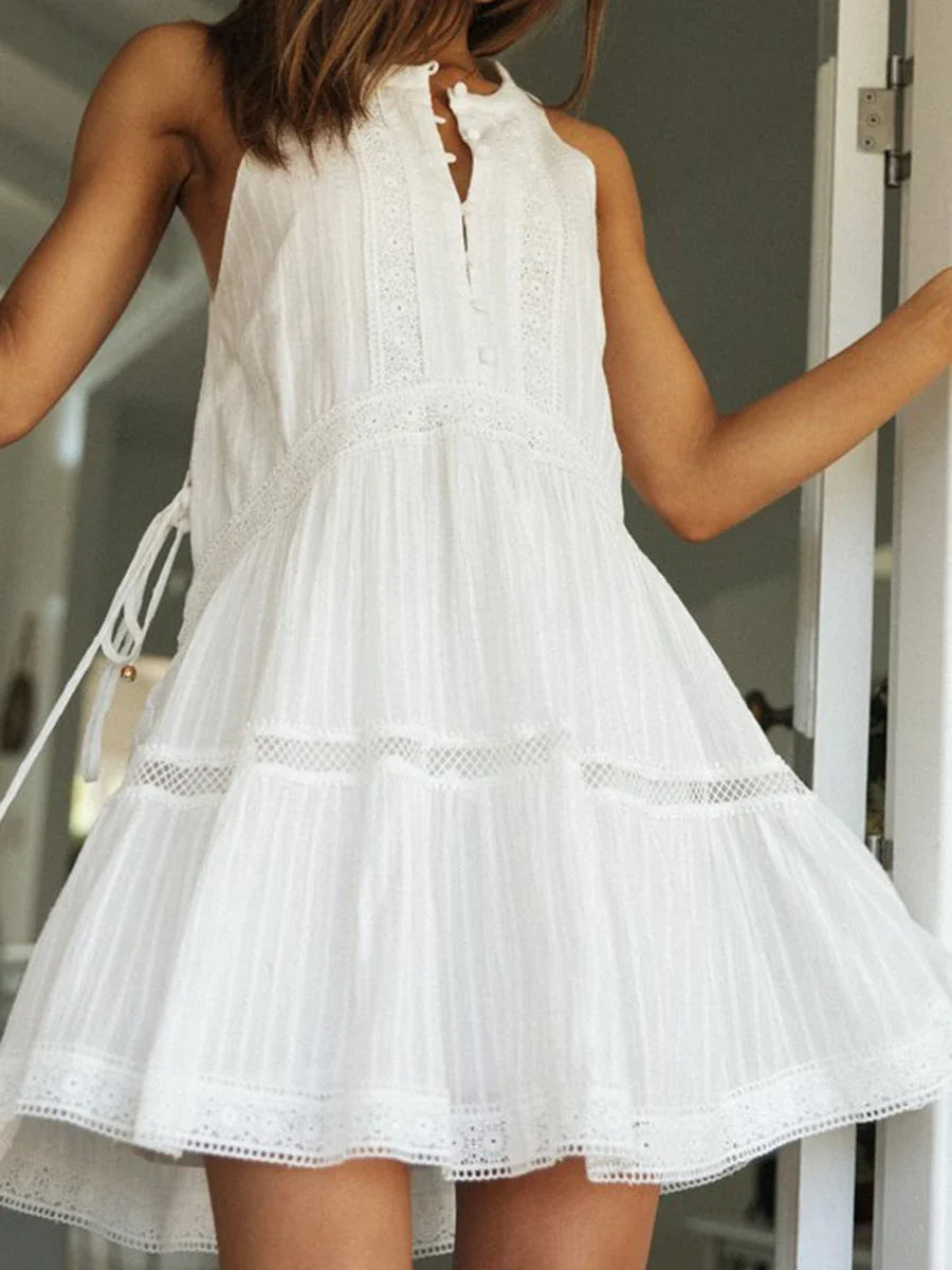 Lace Patchwork White Mini Dress Women Spring Summer O-neck Button Up Sleeveless A-line Vestidos Casual Fashion Dresses 2024 New