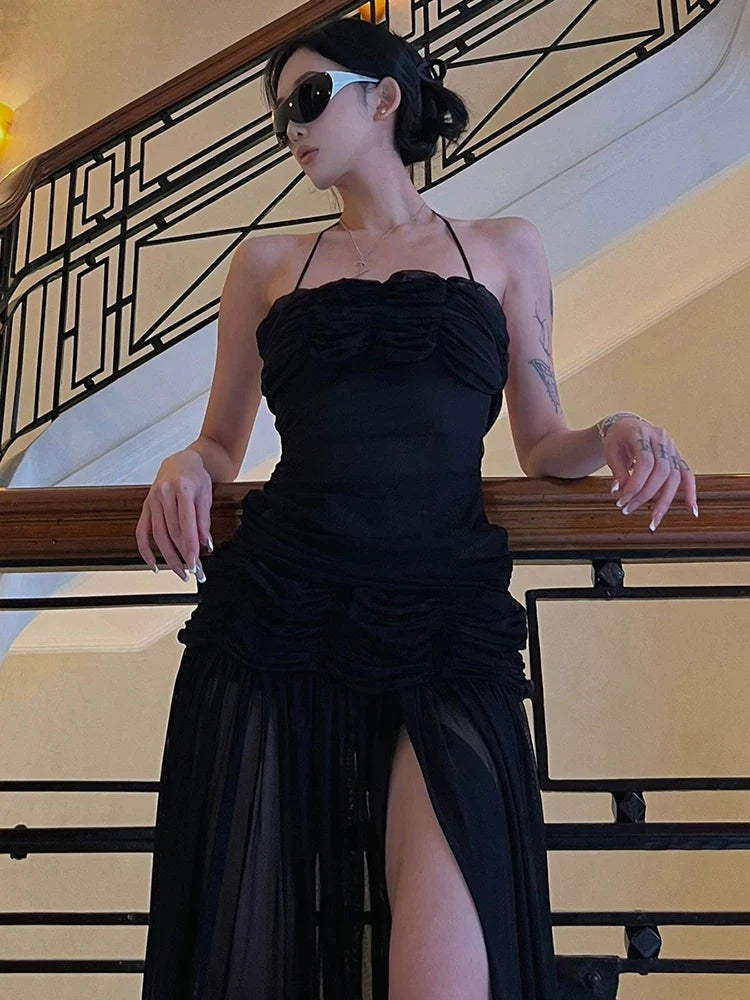 Patchwork Mesh Maxi Dress Women High Slits Folds Halter Bandage Backless Sleeveless Elegant Temperament Banquet Vestidos