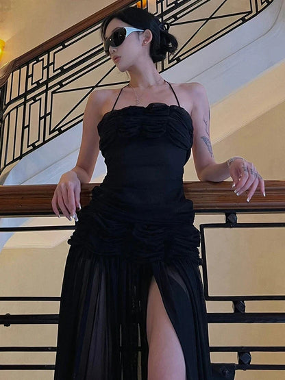 Patchwork Mesh Maxi Dress Women High Slits Folds Halter Bandage Backless Sleeveless Elegant Temperament Banquet Vestidos