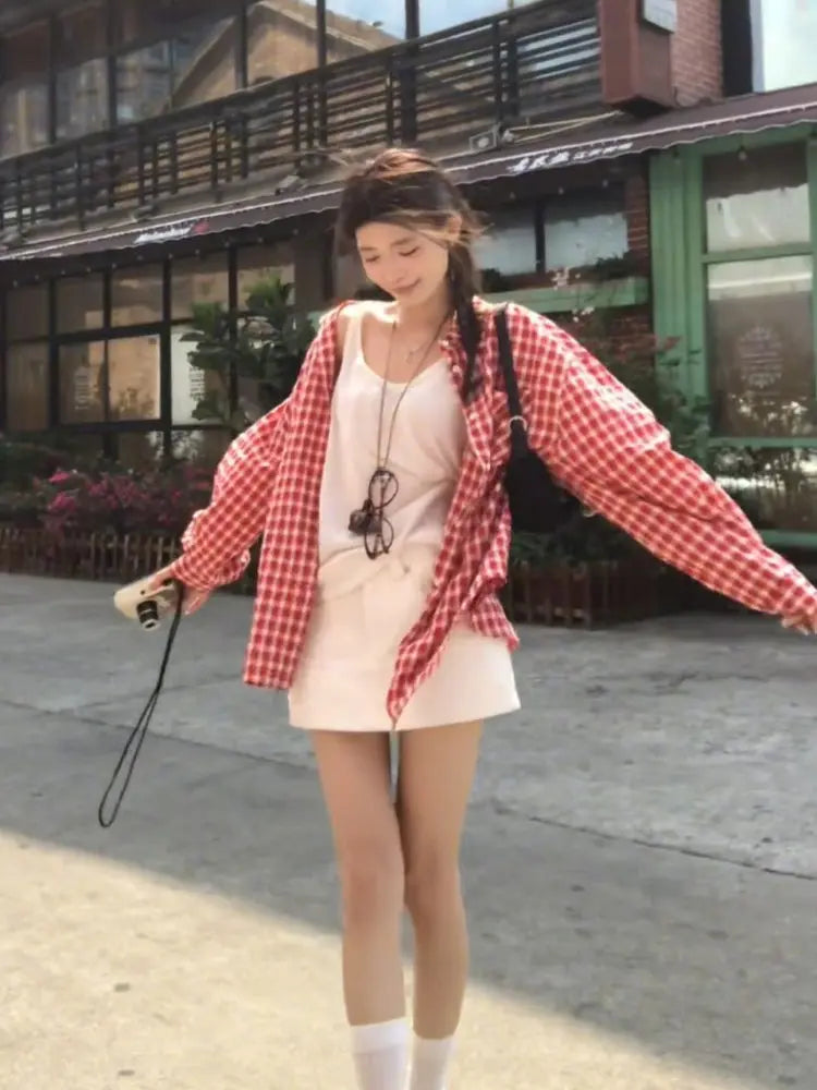 Turn-down Collar Red Plaid Shirt Women's Spring Casual Long-sleeved Loose Sunscreen Shirt Fashion Female Clothes