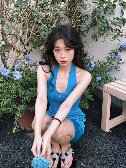 Women Blue Skirt Sets Vintage Mini Skirt and Off Shoulder Crop Top Y2k Elegant Suit 2000s New Matching Sets Clothes 2024 Summer