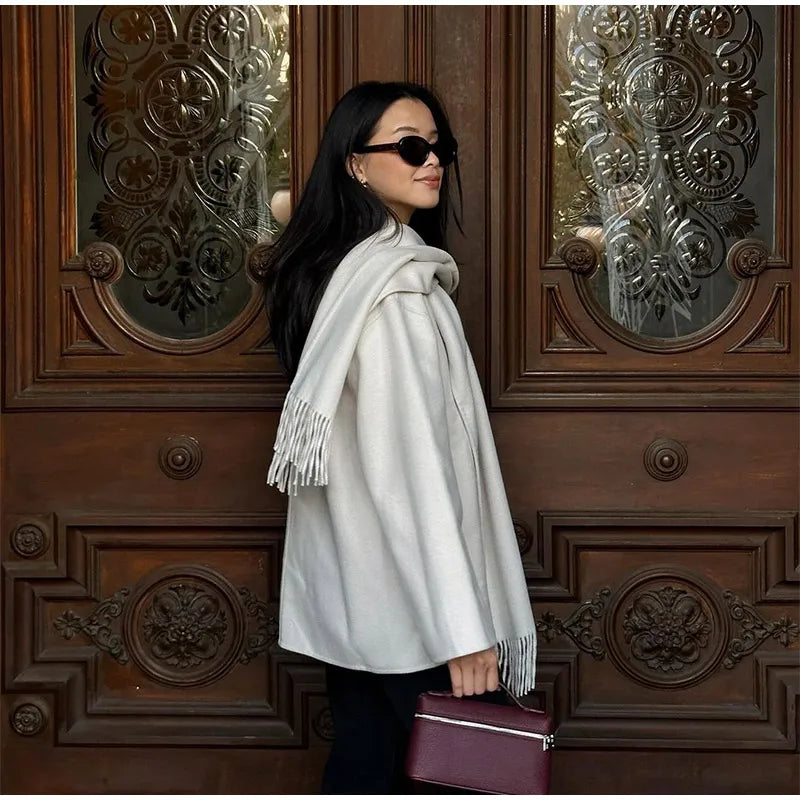 Elegant Single Breasted Towel Collar Jacket Women 2025 Fashion White Coat Loose Fit Office Lady Autumn Casual Commute Outerwear