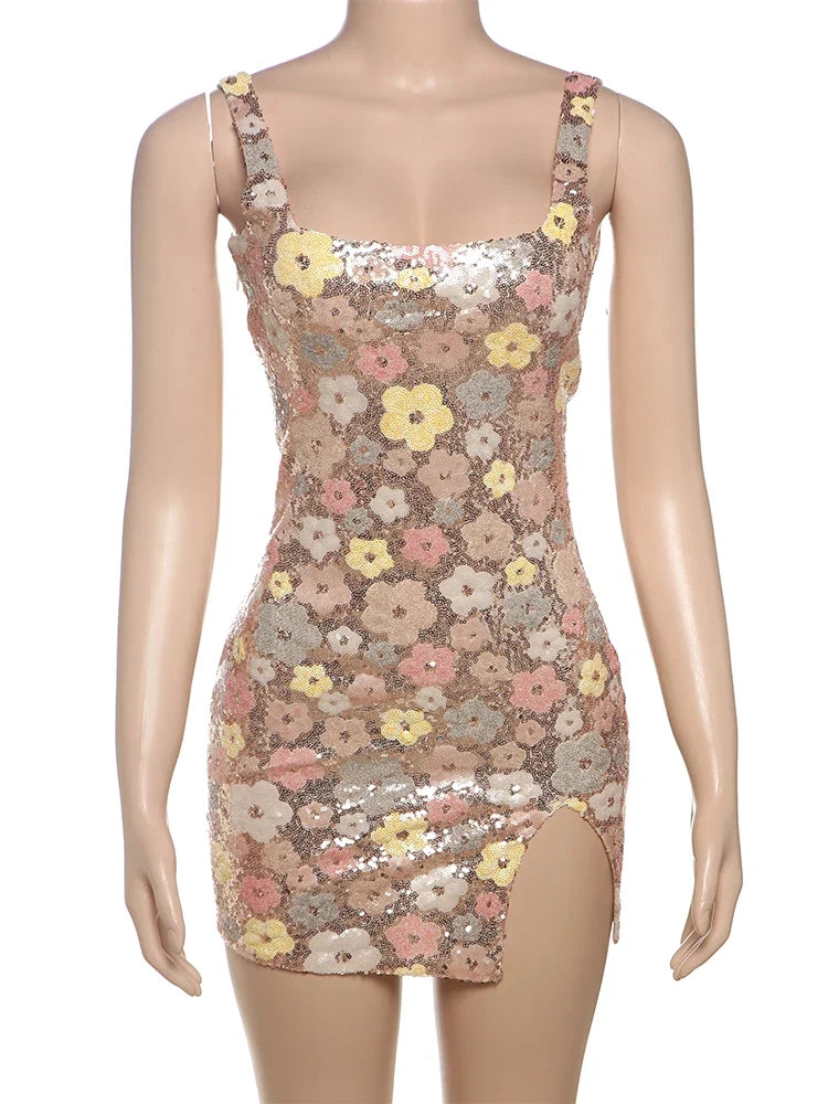 Flower Print Colorful Mini Dress Women Sequins Patchwork Skinny Backless Sleeveless Vacation Trend Elegant Sweet Outfits