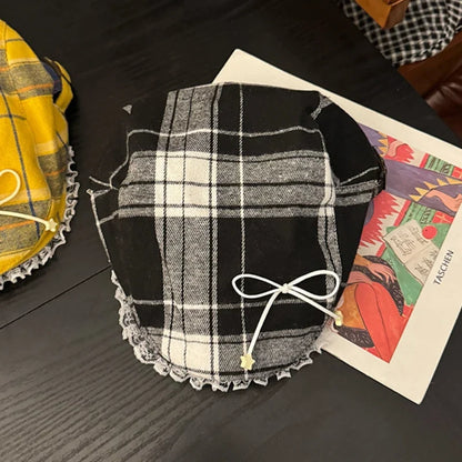Y2K Cute Bow Lace Berets Cap for Women Spring Summer Sweet and Cool Versatile Dopamine Contrasting Color Plaid Forward Hats