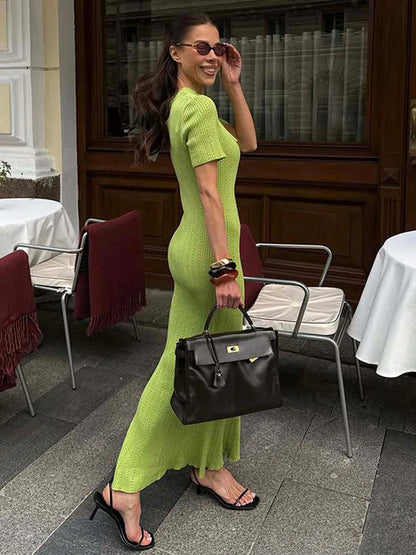 Hollow Out Knitted Short Sleeve Maxi Dress Women's Crew Neck Tie Solid Color Slim Long Dress Summer Casual Streetwear