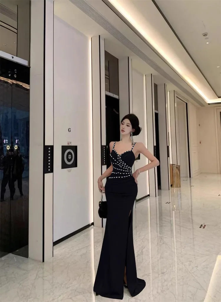 Dresses Women Sleeveless Sexy Split Slim Slash Neck Backless Rhinestone Elegant Temperament Party Dress Female Fashion
