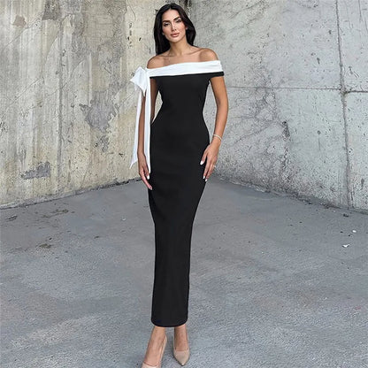 Off Shoulder Contrast Bow Shoulder Ribbon Bodycon Maxi Dress