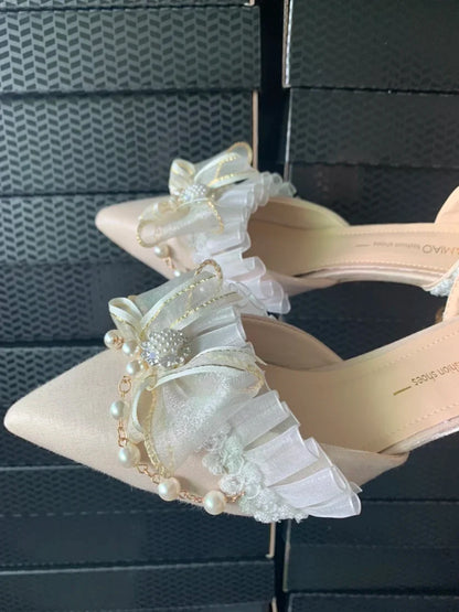 One Night Story Original Lolita Shoes Slim Heels Chinese Style Lolita Pointed Sandals High Heels Handmade Flower Wedding Shoes