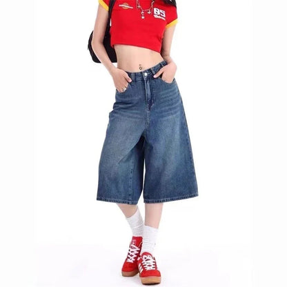 Women's Summer Wide-leg Blue Denim Capris Street New Baggy Straight Calf-length Jeans Female High Waisted Short Trousers