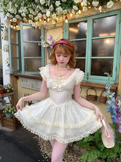 Summer New Original Sweet Girl Vacation Short Dress Fresh High Waist Bow Slimming Lace Small Fly Sleeve Party Dresses