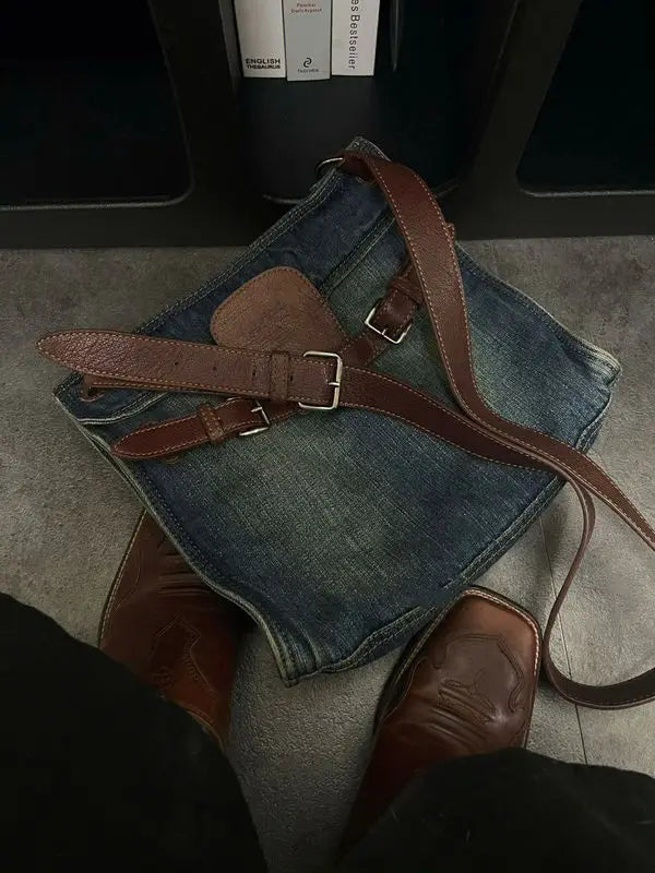 Fashionable and Versatile Contrasting Denim Vintage Design Single Shoulder Crossbody Bag for Women Jeans Bags