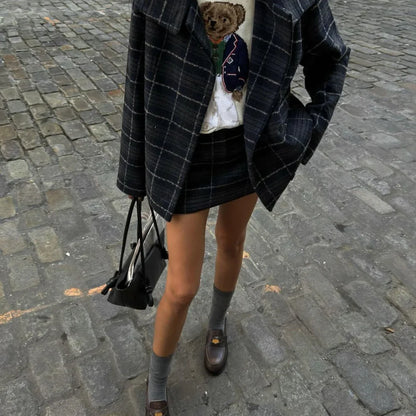 chic Plaid Lapel Women's Suit Jackets Casual Long Sleeved Pocket Single Breasted Coats Autumn Loose Office Commut Lady Outerwear