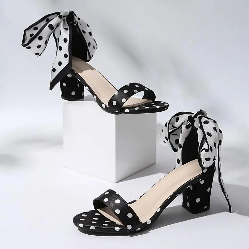 Vintage Black White Polka Dots Ankle Strap Sandals Women Summer 2026 Lace Up Bowknot High Heel Sandals Woman's Y2K 90S Shoes