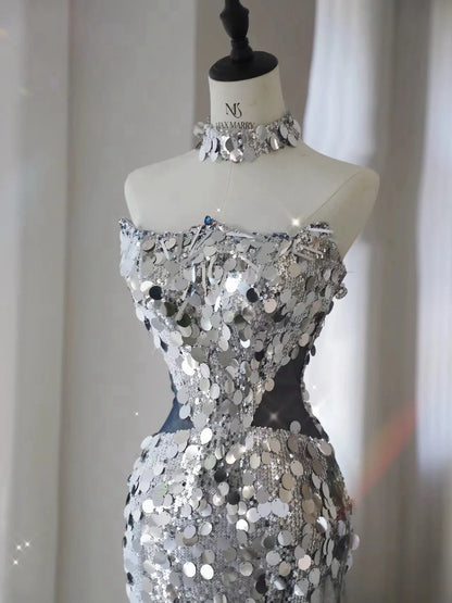 Silvery Shiny Sequins Prom Dresses Mermaid Removable Tulle Bow Trailing Ceremony Performance Party Backless Formal Evening Gowns