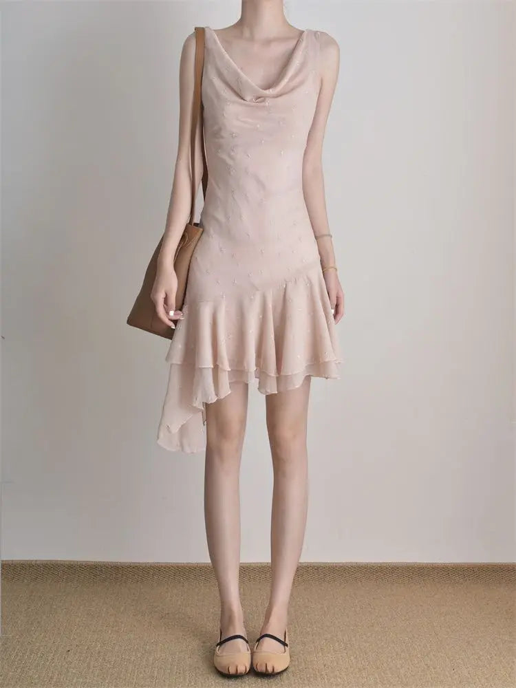 Spring Design High-end Sleeveless Swing Neck Dress Waist Thin Ruffle Edge Irregular Skirt Women's Clothing
