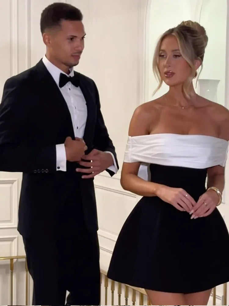 Off Shoulder Draped Fold Bodice Contrast Bow Back A-Line Mini Dress