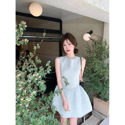 Summer O-Neck Mini Dress Party Dress Fashion Layered Mesh Patchwork Sleeveless A-Line Tank Dress