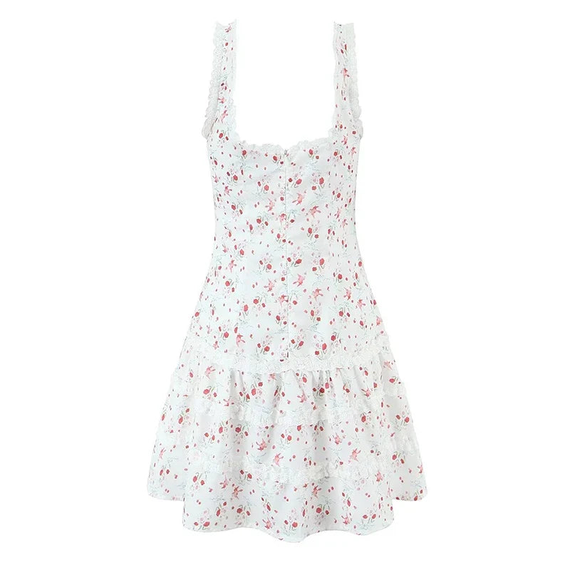 Sweet Girl French Style Floral Print Sleeveless Dress Women Lace Spliced A-line Summer Mini Dress Holiday Robe Vestidos