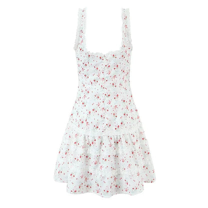 Sweet Girl French Style Floral Print Sleeveless Dress Women Lace Spliced A-line Summer Mini Dress Holiday Robe Vestidos