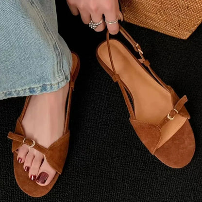 Women's Fashion Sandals New Summer Round Head Soft Frosted Open Toe Hollow Belt Buckle Flats