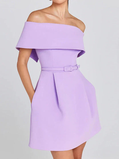 Off Shoulder Belted Fit and Flare Pocket A-Line Mini Dress