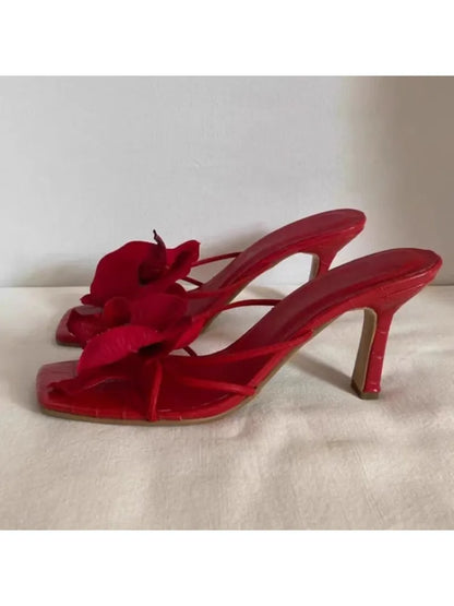 Pink Red Green Orchid Flowers Decor Outside Women Hight Heels Slippers Summer 2024 Thin Heels Ladies Flipflops
