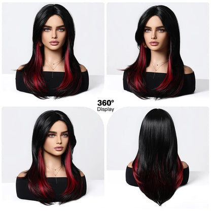 Black Highlight Rose Red Wig With Curtain Bangs 18inch Natural Layered Straight Synthetic Wig For Women Christmas Party Cosplay
