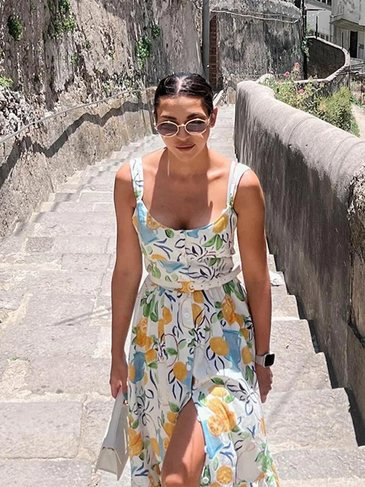 Elegant Flower Print Midi Dresses Women Off Shoulder Sleeveless Backless Lady Long Dress 2024 Summer Fashion Sexy Party Dresses