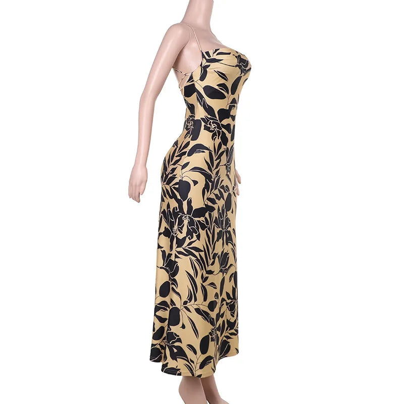 Botanical Print Cowl Neck Spaghetti Strap Bodycon Maxi Dress