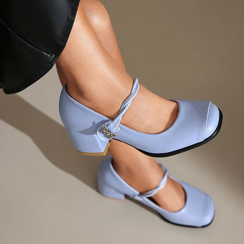 Plus Size Round Toe Thick Heel Metal Butterfly Decoration Office Lady's Shoes With Crossed Thin Straps And Shallow Mouth Pumps