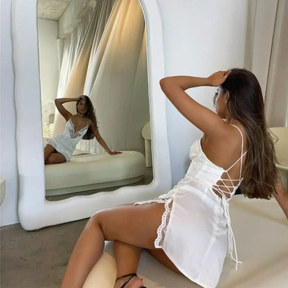 Lace Trim Deep V Neck Satin Spaghetti Strap Mini Dress
