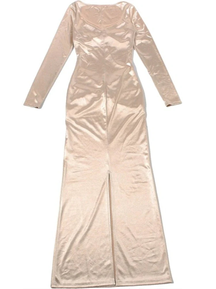 Women's Elegant Champagne Square Neck Long Sleeve Maxi Dress New Stylish Ruched Slim Bodycon Dress for Eveing Party Gown
