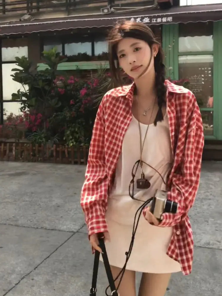 Turn-down Collar Red Plaid Shirt Women's Spring Casual Long-sleeved Loose Sunscreen Shirt Fashion Female Clothes