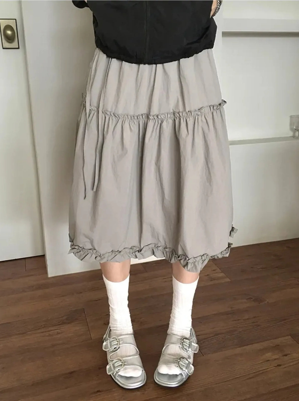Korean Niche Retro Lace Patchwork Design Elastic and Versatile Slimming A-line Skirt