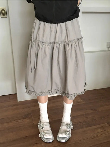 Korean Niche Retro Lace Patchwork Design Elastic and Versatile Slimming A-line Skirt