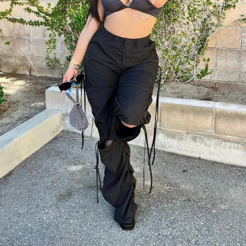 Spring Summer New Women Pleated Cut Out Drawstring Cargo Pants Street Chic Hip-hop High Waist Casual Trendy baggey Trousers