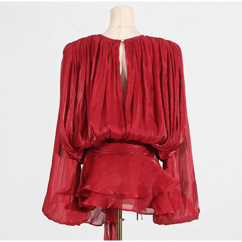 Keyhole Tie Neck Pleated Bishop Sleeve Tiered Ruffle Skirt Set