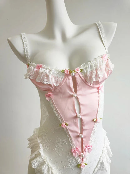 Sweet Bodysuits Women Floral Bows Decoration Mesh Patchwork Lace Trim Hollow Out Backless Bottoming Tops Cute Tee Kawaii Clothes