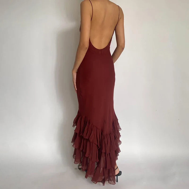 Women's Asymmetric Tulle Layered Mermaid Dress Spaghetti Straps Floral Print Bodycon Sexy Backless Elegant Long Dress