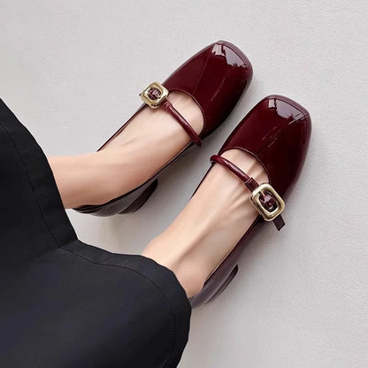 Women's Mary Janes Shoes Patent Leather Dress Shoes Square Toe Pumps Low Heels Big Buckle Spring Autumn Zapatos Mujer 1802N