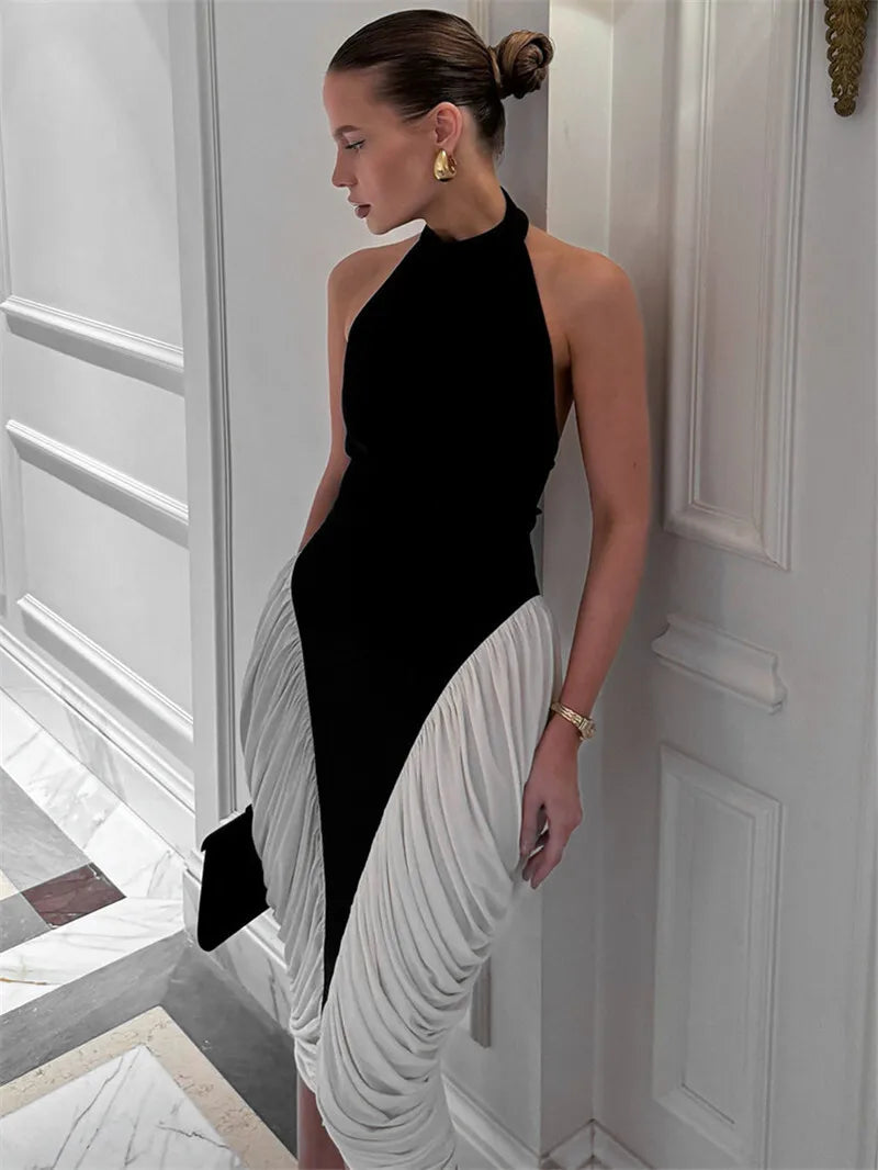 Halter Contrast Panel Gathered Side Bubble Midi Dress