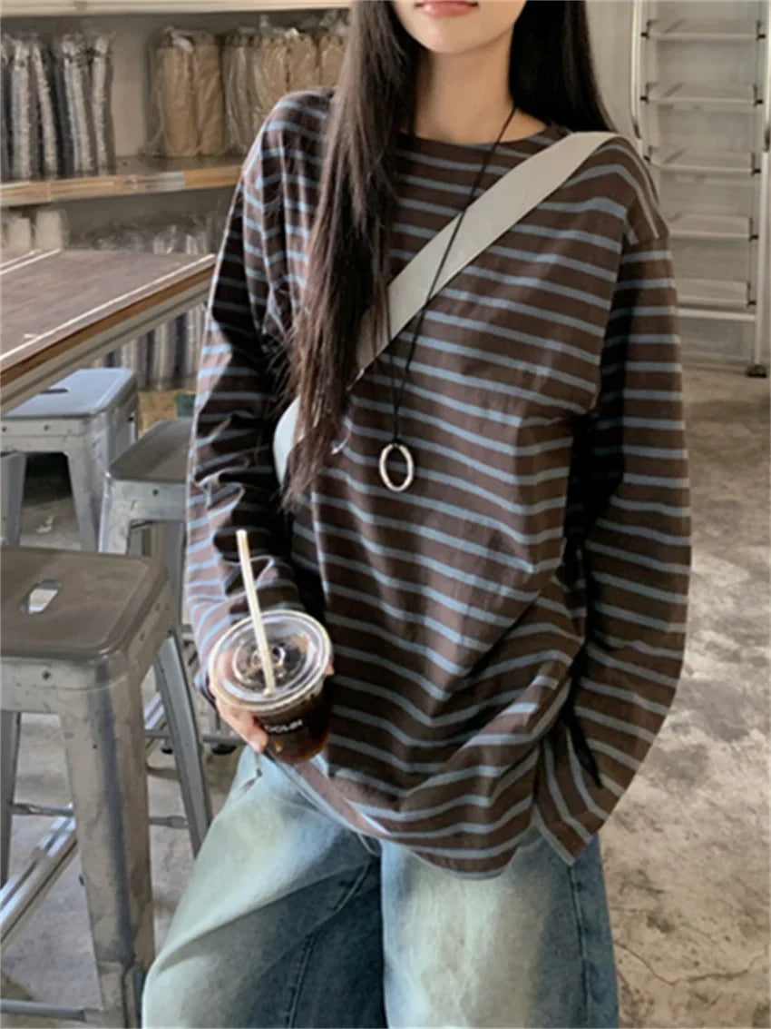Loose Tees Stripes Vintage Streetwear All Match Fashion Oversize Full Sleeve Autumn Casual Office Lady T-Shirts